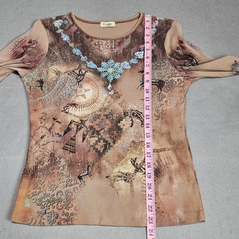 Cactus Blouse Shirt Womens Sz M Western Horse Cotton Embellished 3/4 Sleeve USA - Picture 6 of 7